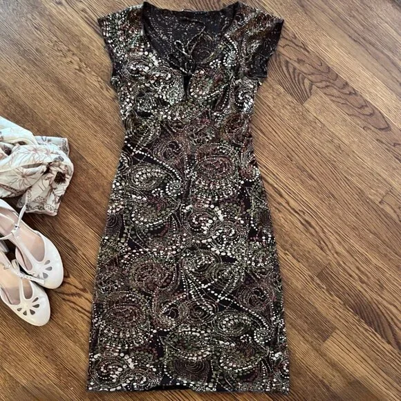 Cute Vintage (90s) Empire-Waist Short-Sleeve Brown Paysley-ish Dress - 8-10-S/M - Picture 2 of 7